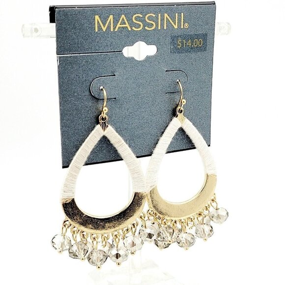 Massini Drop Dangle Teardrop Earrings Thread Wrapped Gray Crystals Gold Tone NEW - Picture 1 of 4